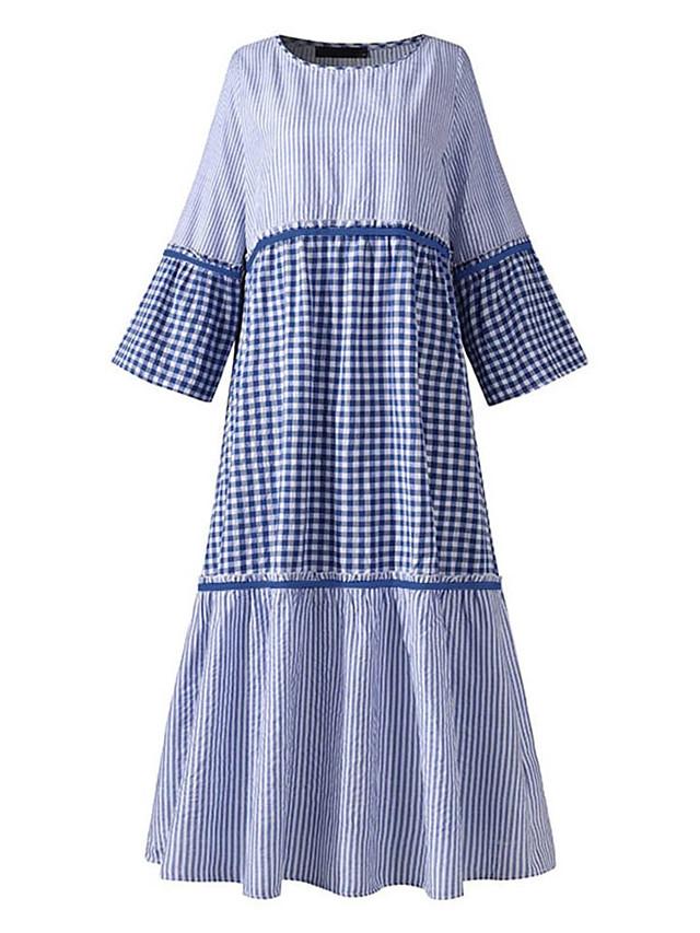 Women's Shift Dress Maxi long Dress Long Sleeve Striped Patchwork Summer Hot Casual Cotton Black Blue M L XL XXL 3XL 4XL 5XL