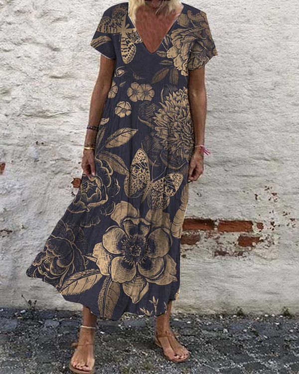 Casual Vintage Print Loose V-Neck Short Sleeve Maxi Dress