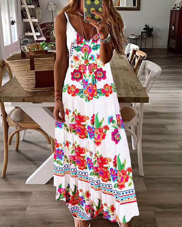 Casual V-neck Printed Suspender Maxi Dress