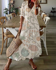 Bohemian V-Neck Print Drawstring Short Sleeve Midi Dress