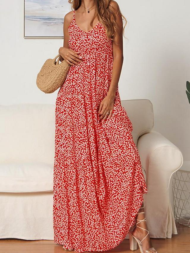 Women's Strap Dress Maxi long Dress Sleeveless Print Hot Red Navy Blue S M L XL