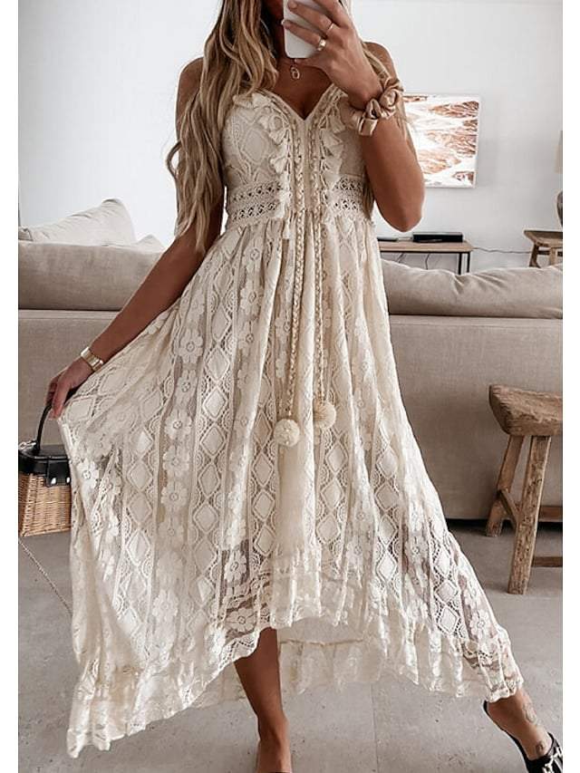 Women's Swing Dress Maxi Long Dress White Beige Sleeveless Solid Color Embroidered Lace Spring Summer V Neck Casual Boho Beach Lace 2021 S M L XL XXL