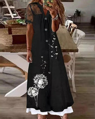 Casual V-Neck Dandelion Button Lace Long Dress