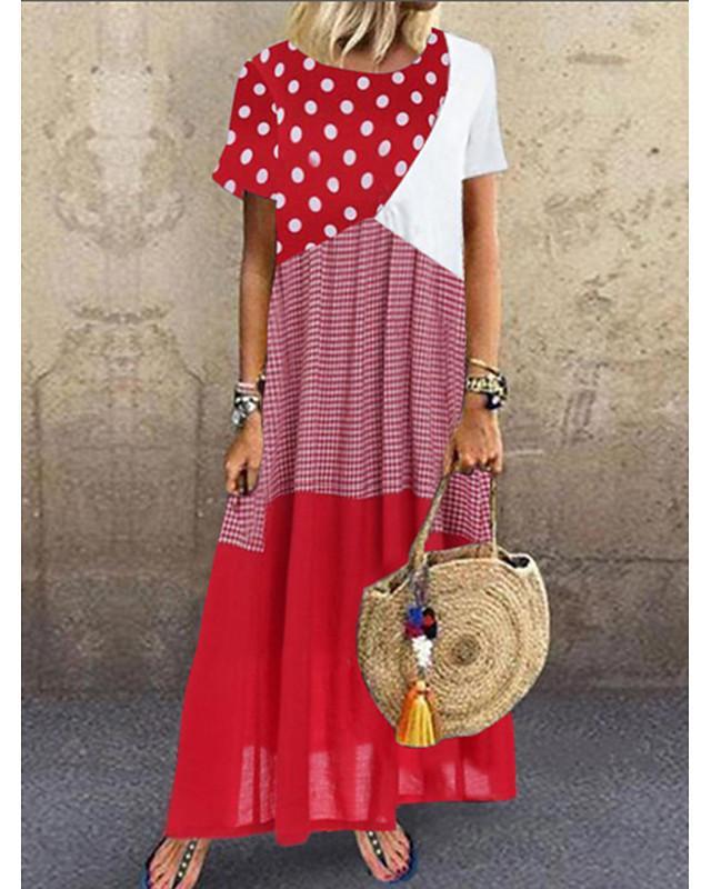 Women's Maxi long Dress Short Sleeve Polka Dot Print Summer Hot Casual Blue Red Yellow Red Combo S M L XL XXL 3XL