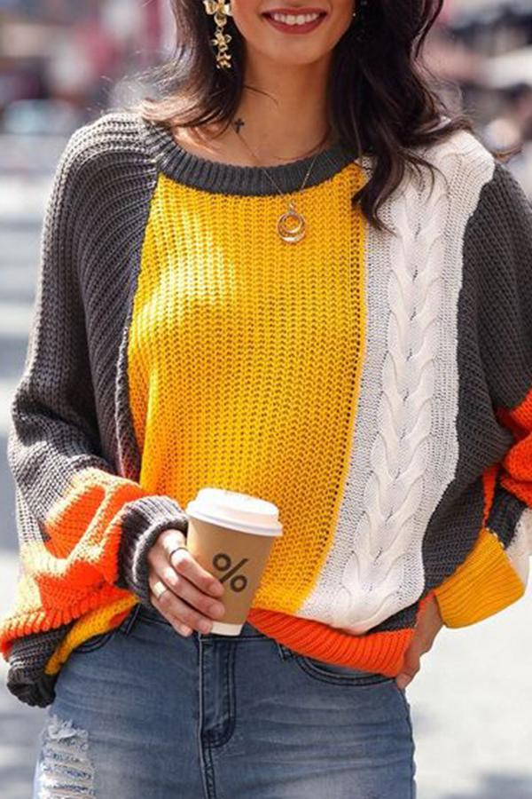 Color Patchwork Round Neck Sweater