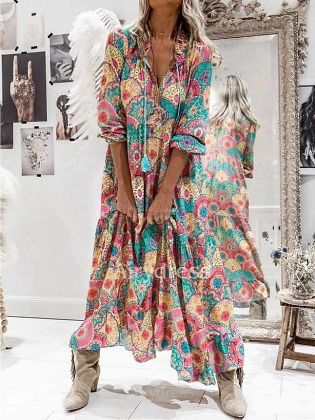 Women's Swing Dress Maxi long Dress Long Sleeve Print Patchwork Print Fall V Neck Casual Boho Loose Rainbow S M L XL XXL