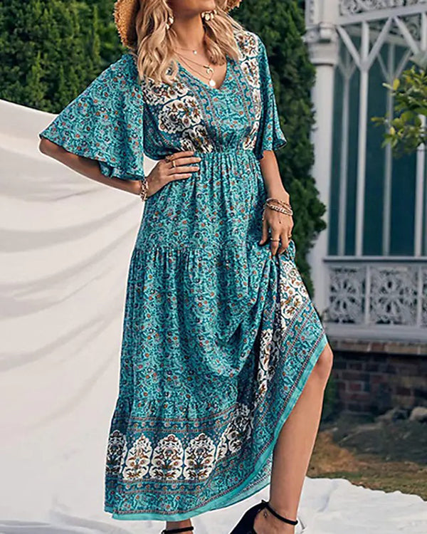 Casual Vintage Boho V-Neck Print Dress