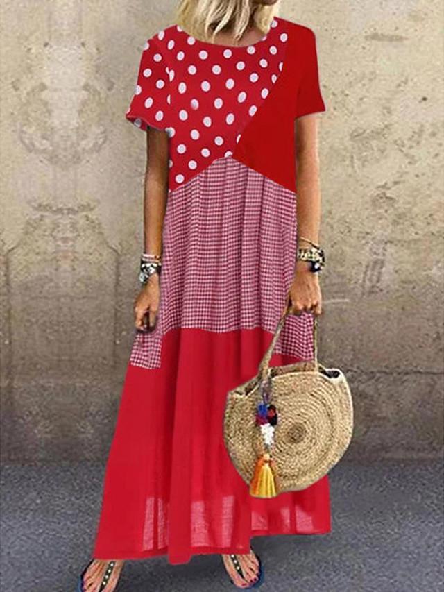 Women's Maxi long Dress Short Sleeve Polka Dot Print Summer Hot Casual Blue Red Yellow Red Combo S M L XL XXL 3XL