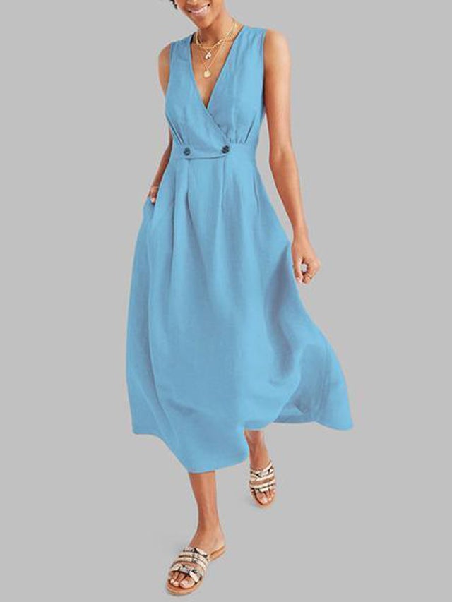 Sexy Elegant V Neck Solid Color Sleeveless Dress