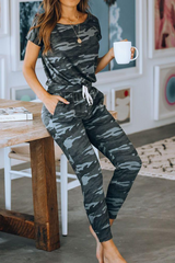 Camouflage Drawstring Off The Shoulder Jumpsuit