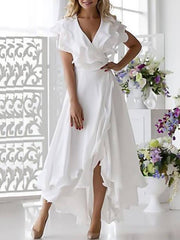 Women's Wrap Dress Midi Dress - Sleeveless Ruffle Multi Layer Plus High Low Summer Deep V Plus Size Hot Sexy Holiday Beach vacation dresses Chiffon 2020 White Dark Blue S M L XL XXL 3XL 4XL 5XL