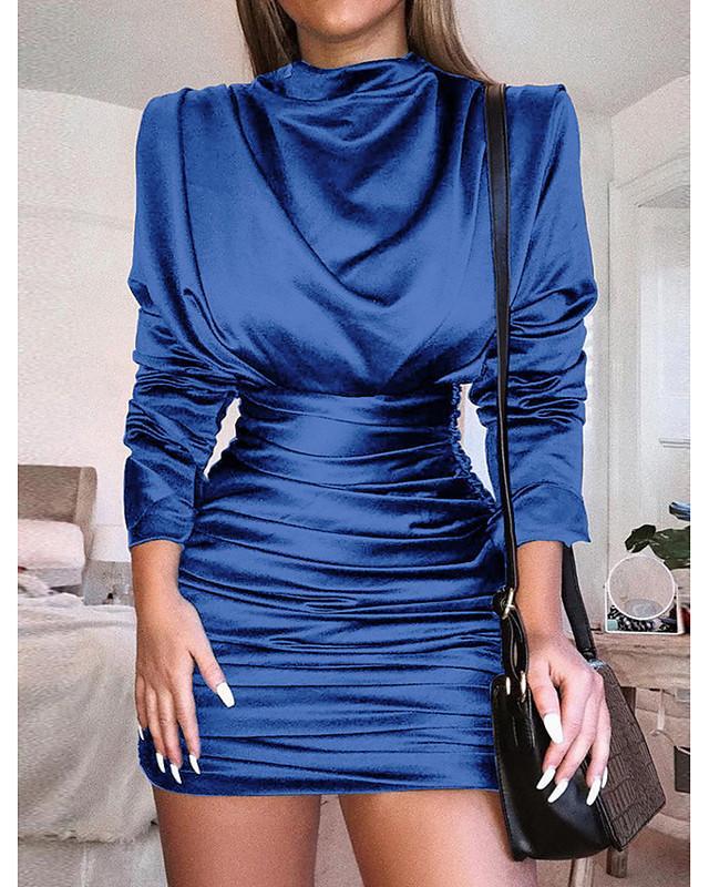 Women's Sheath Dress Short Mini Dress - Long Sleeve Solid Color Ruched Pleated Hot Sexy Party Batwing Sleeve Slim Black Red Royal Blue S M L XL-0219804