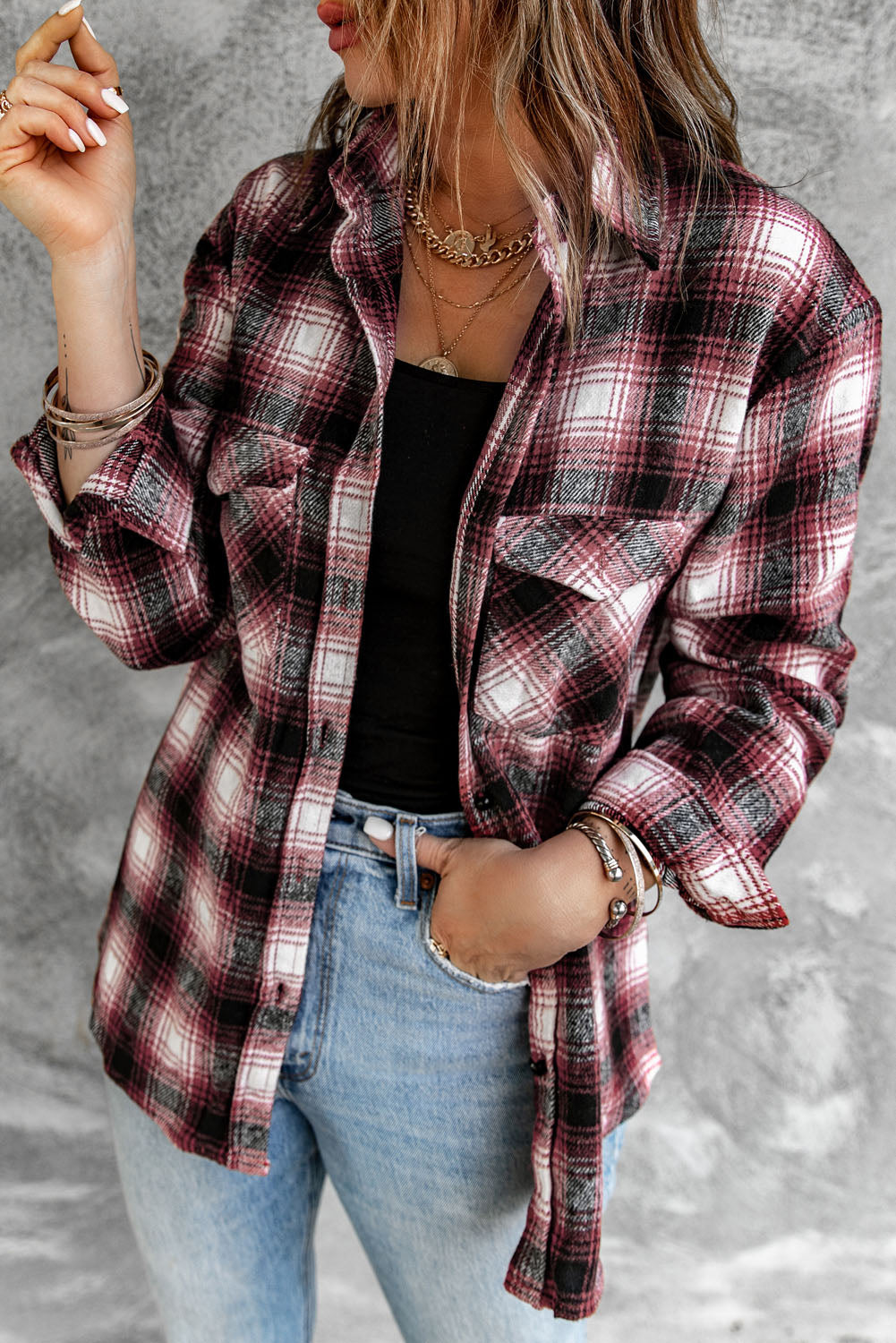 Buttons Pocketed Plaid Shacket