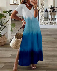 Casual Vintage Gradient Short Sleeve V-Neck Maxi Dress