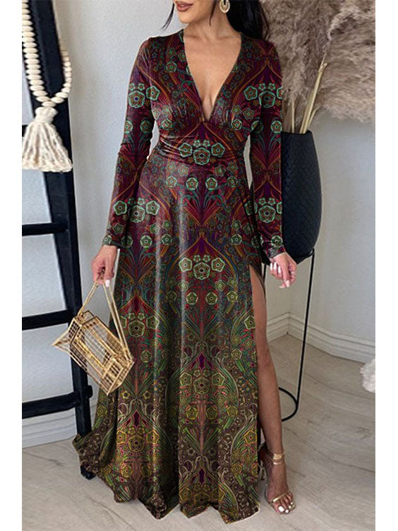 Printed Neck Pleated Elegant Slit V-Neck Maxi Dress