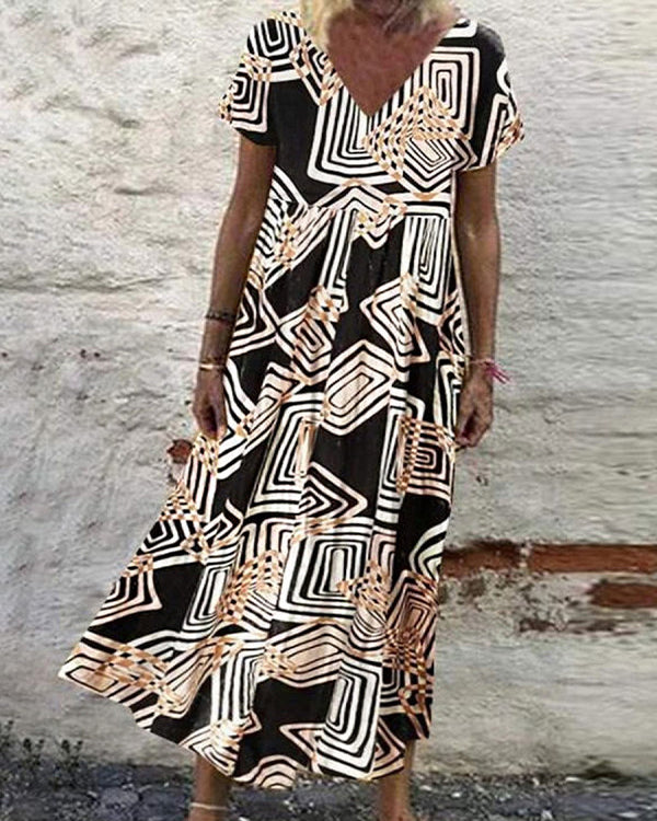 Casual Vintage Print Loose V-Neck Short Sleeve Maxi Dress