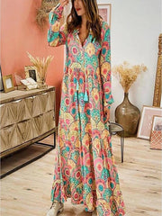 Women's Swing Dress Maxi long Dress Long Sleeve Print Patchwork Print Fall V Neck Casual Boho Loose Rainbow S M L XL XXL