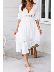 Women's Swing Dress Midi Dress - Half Sleeve Solid Colored Summer Spring & Summer V Neck Hot Beach vacation dresses Flare Cuff Sleeve 2020 White S M L XL / Sexy