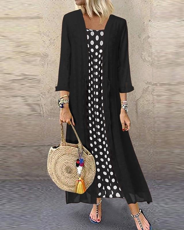 Women's Two Piece Dress Maxi long Dress - Long Sleeve Polka Dot Print Spring & Summer Hot Casual Loose Black Blushing Pink Orange M L XL XXL 3XL 4XL 5XL