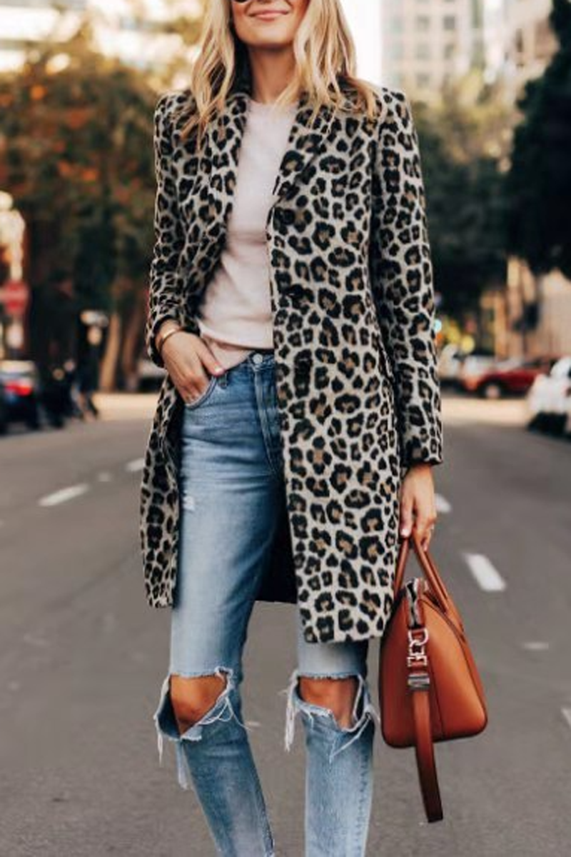 Thigh-Length Leopard Slim Coat