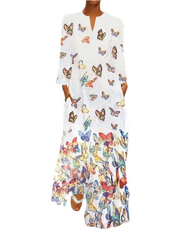 Women's Shift Dress Maxi long Dress - Long Sleeve Butterfly Spring Fall Hot Loose White Yellow Blushing Pink Light Blue S M L XL XXL 3XL 4XL 5XL