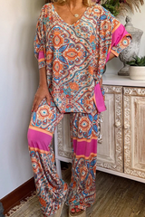 Vintage Ethnic Print V-Neck Two Pieces Sets