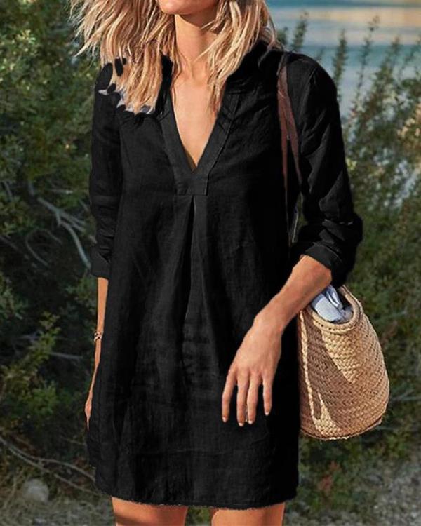 Women Vintage Casual V Neck Solid Linen Dresses