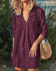 Women Vintage Casual V Neck Solid Linen Dresses