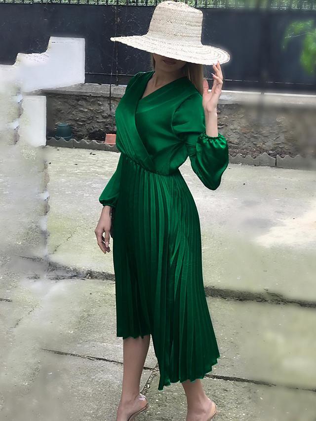 Women's A Line Dress Knee Length Dress Green Long Sleeve Solid Color Ruched Summer V Neck Hot Sexy S M L XL