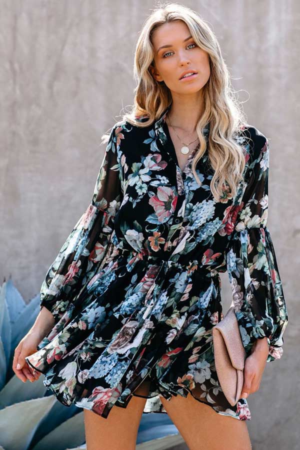 Fashion Floral Print Shirt Dress