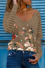 Fashion Floral Print V Neck T-Shirt