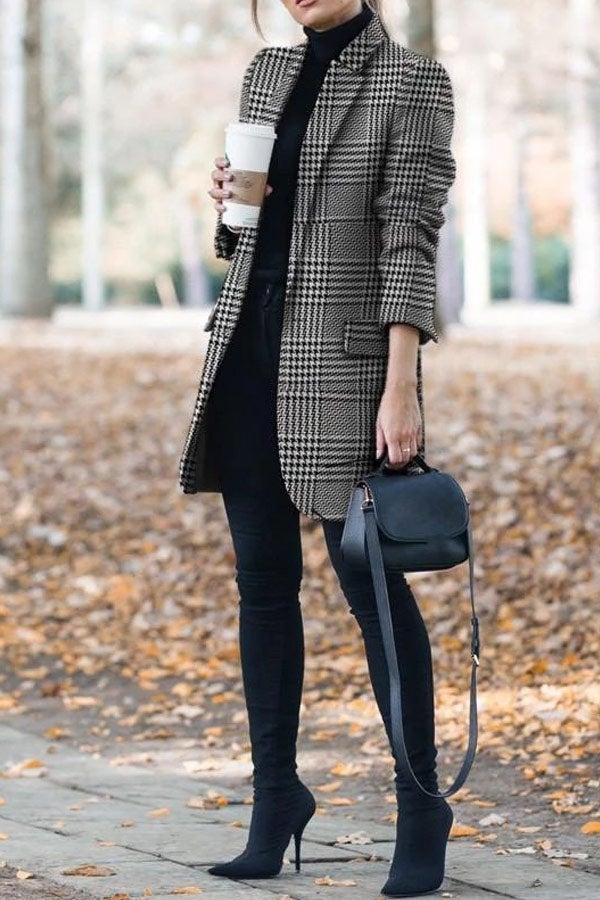 Sale Fashion Lapel Plaid Print Coat