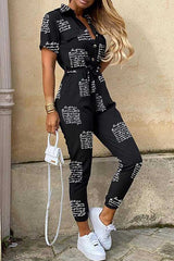 Fashion Lapel Printed Belt Tooling Jumpsuit