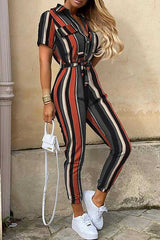 Fashion Lapel Printed Belt Tooling Jumpsuit