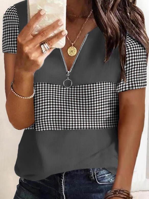 Fashion Plaid Printed V-neck T-shirts