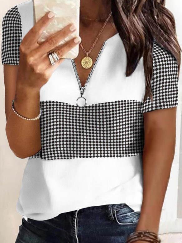 Fashion Plaid Printed V-neck T-shirts