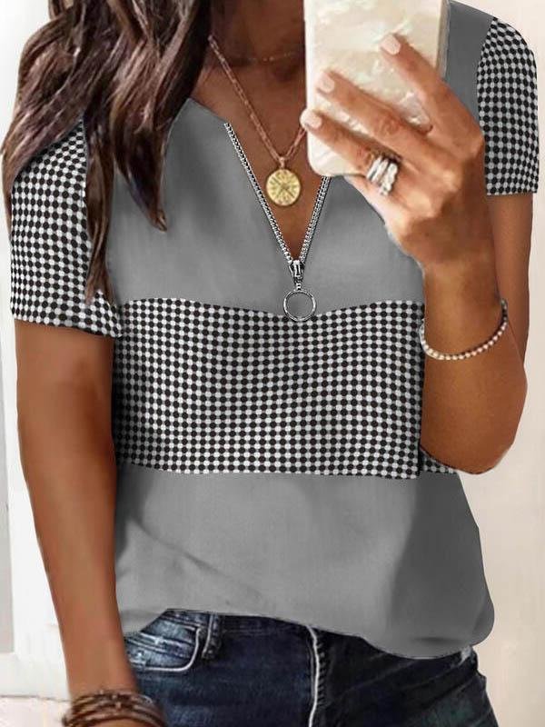 Fashion Plaid Printed V-neck T-shirts