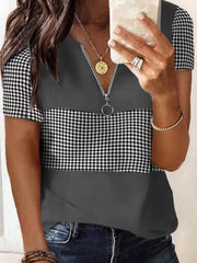 Fashion Plaid Printed V-neck T-shirts