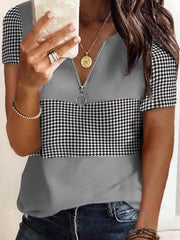 Fashion Plaid Printed V-neck T-shirts