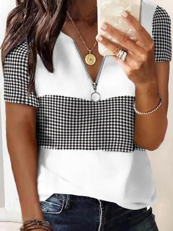 Fashion Plaid Printed V-neck T-shirts