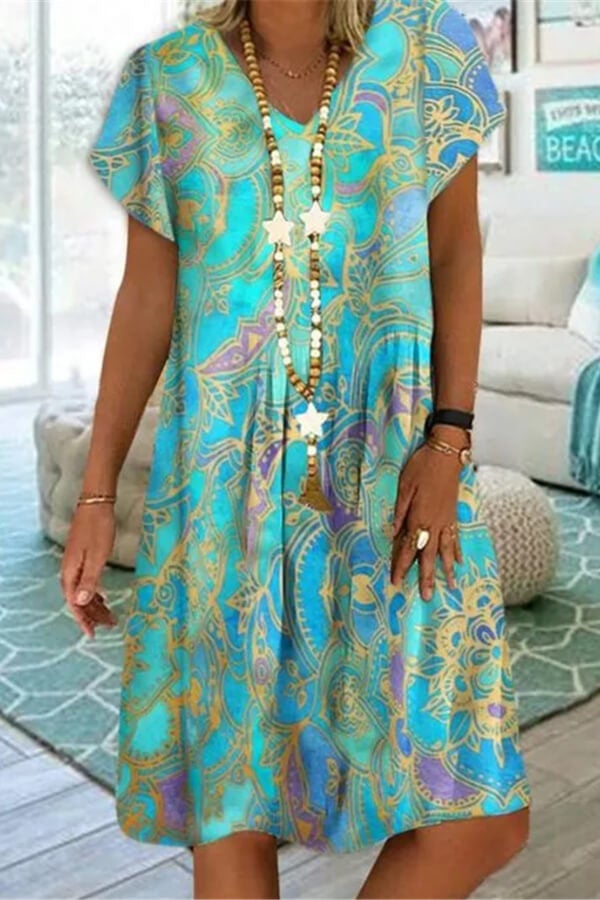 Fashion Reglar Print V Neck Dress