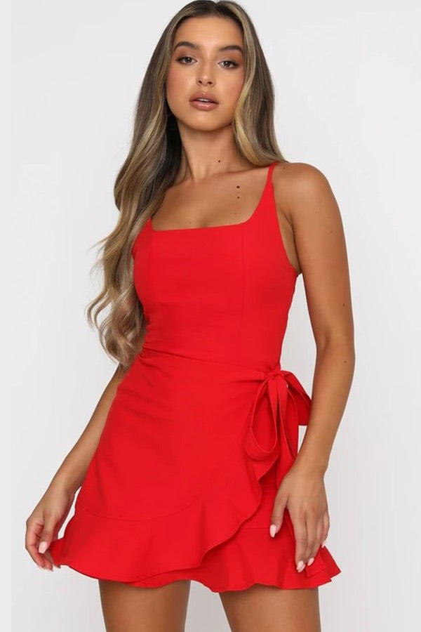 Fashion Sling Solid Ruffle Mini Dress