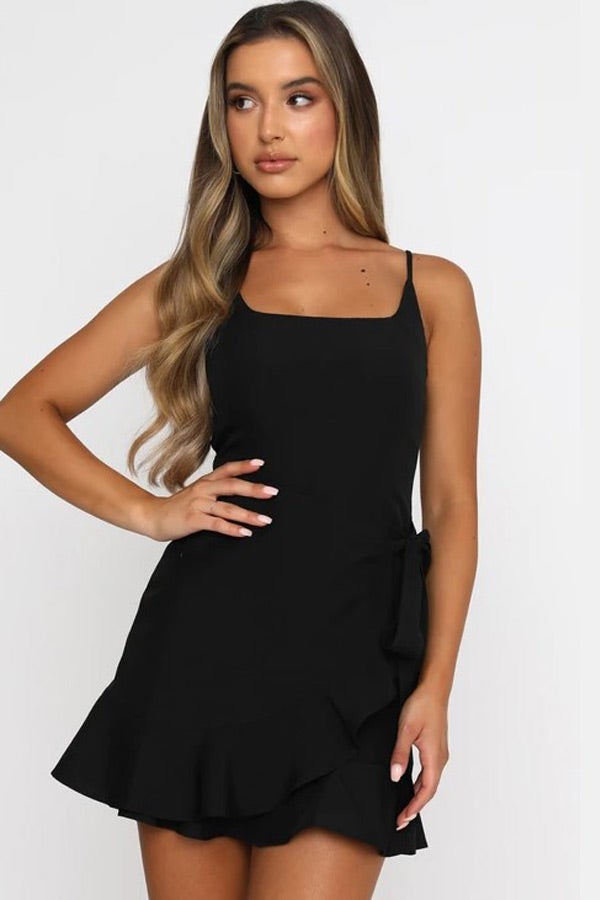 Fashion Sling Solid Ruffle Mini Dress