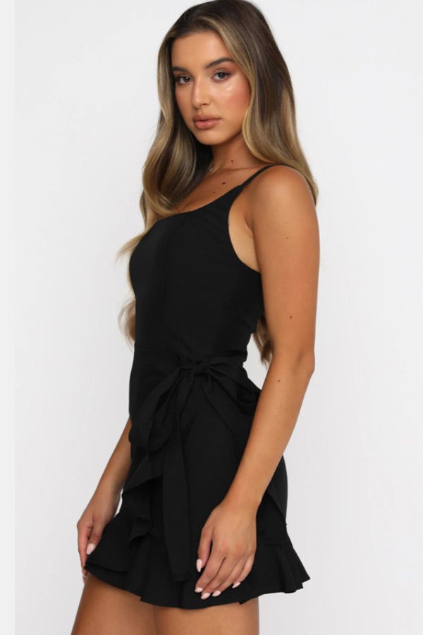 Fashion Sling Solid Ruffle Mini Dress