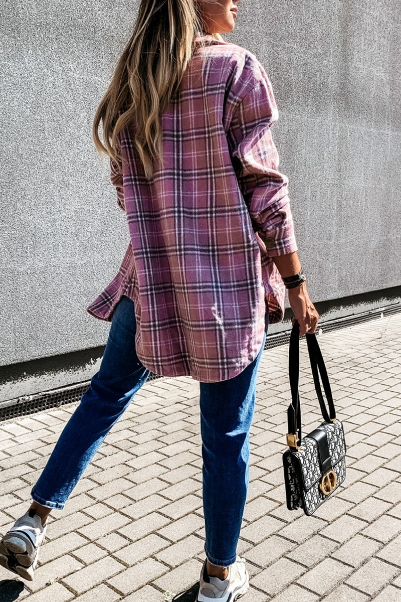 Vintage Plaid Print Button Blouse Coat