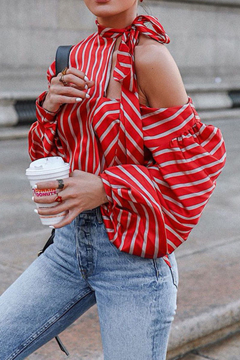 Bow Neck Stripe Cold Shoulder Blouse