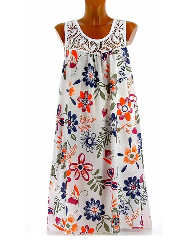 Women's Shift Dress Knee Length Dress - Sleeveless Floral Lace Print Summer Plus Size Hot Mumu Beach vacation dresses 2020 White Black Army Green Fuchsia Navy Blue M L XL XXL 3XL 4XL 5XL