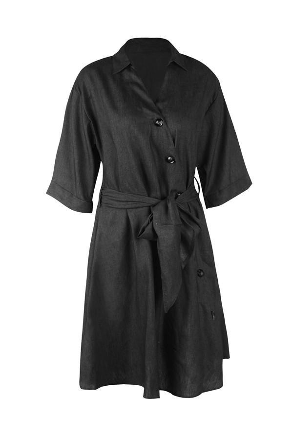 Tie Waist Button Down Elegant Shirt Dress 3/4 Sleeve Casual Dress