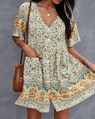 Casual Vintage Boho V-Neck Print Dress