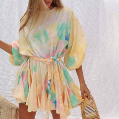 Tie Dye Print Lantern Sleeve Weave Dress(With Belt)